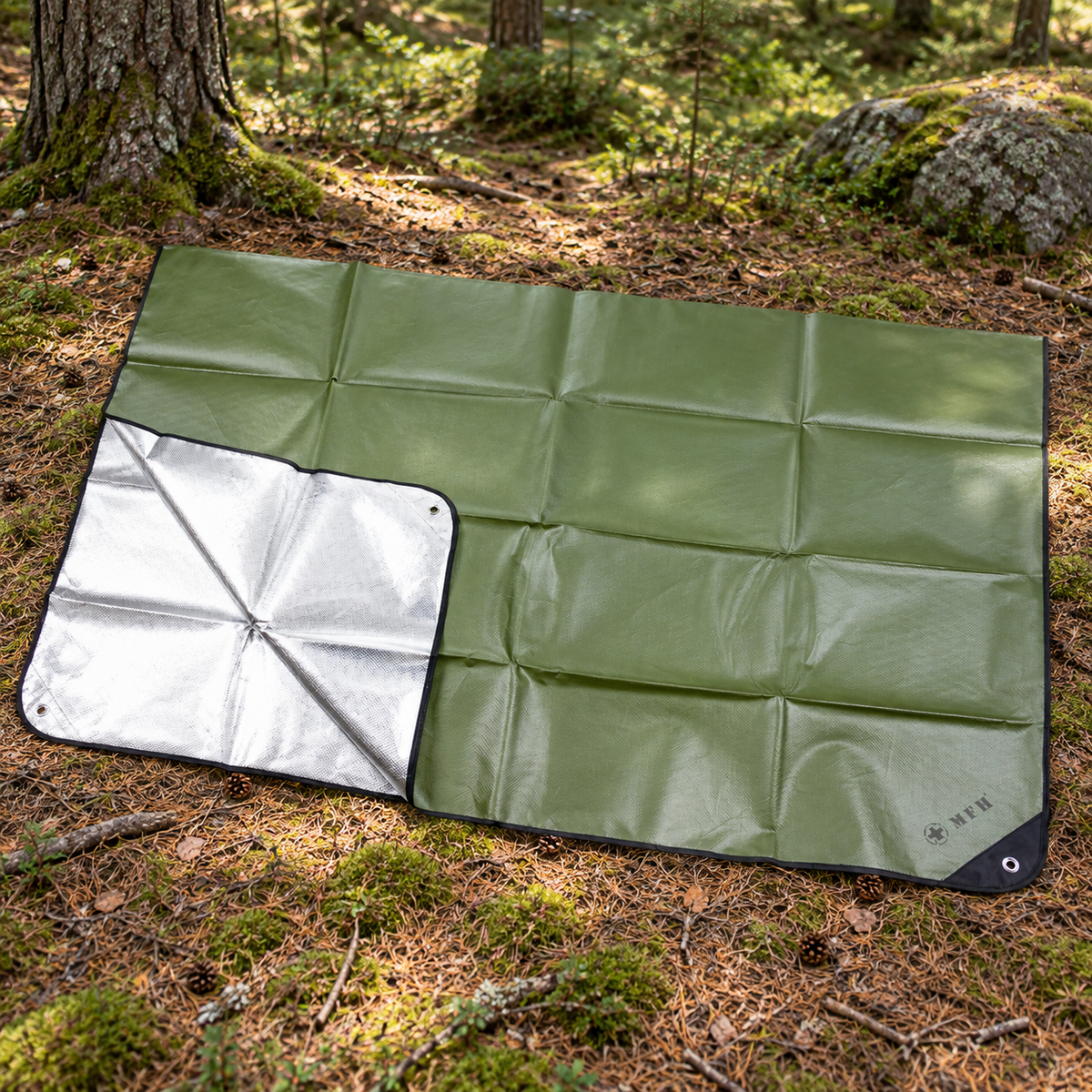 MFH Bâche d'urgence 210 x 150 cm Tapis de sol de camping avec revêtement en aluminium Vert OD