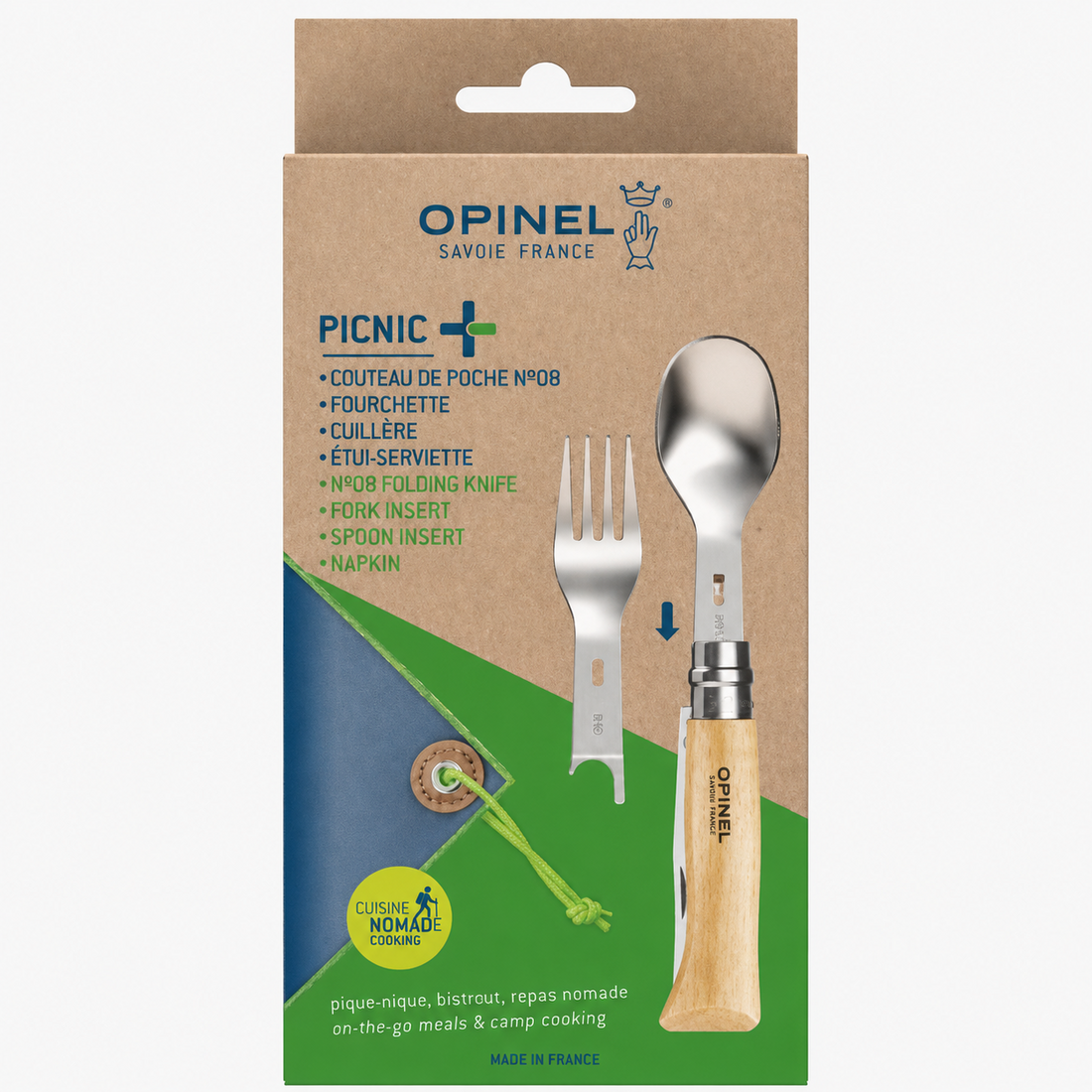 Opinel Picnic+ N°08 Ménagère Couteau Pliant Cuillère Fourchette Camping Hêtre