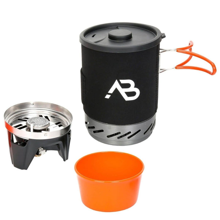 A.Blochl AB-1 kompaktes Campingkochersystem mit 0,8-l-Topf, Flüssiggasbrenner, Windschutz und Wärmetauscher für Kraftstoffeffizienz