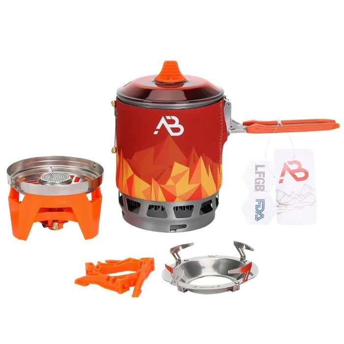 Ensemble de poêle d'extérieur A.Blochl AB-3 avec cuisinière à gaz compacte, protection contre le vent et échangeur de chaleur pour une utilisation efficace du carburant.