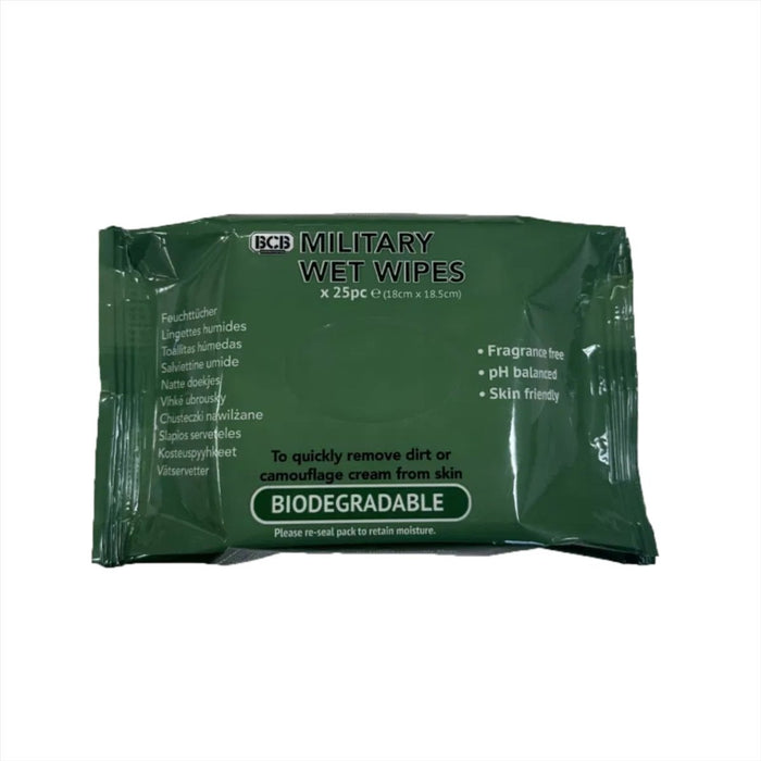 Lingettes humides militaires BCB, paquet de 25, biodégradables, respectueuses de la peau, pH équilibré - GoMilitar