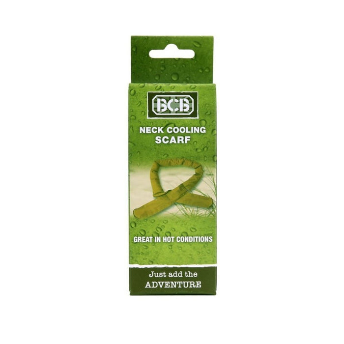 Emballage vert d'une écharpe rafraîchissante pour le cou avec la marque BCD sur fond blanc