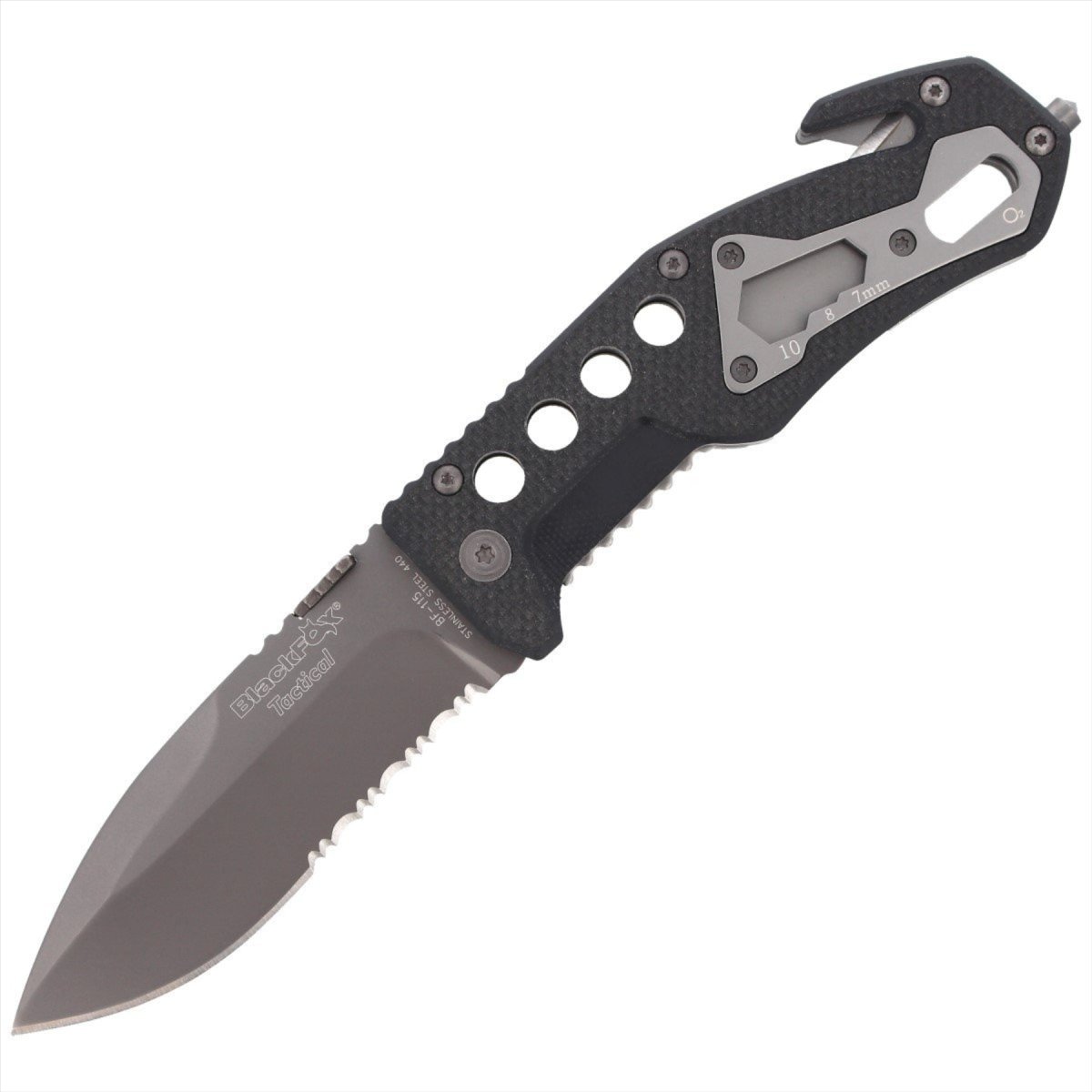 Black Fox BF-115 Taktisches Taschenmesser AISI 440 Klinge Glasbrecher G10 Griff