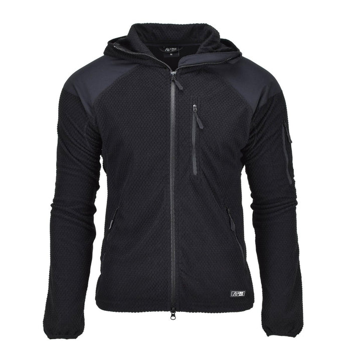 Black military thermal fleece jacket with hood, reinforced elbows, zip front, multiple pockets for cold weather protection