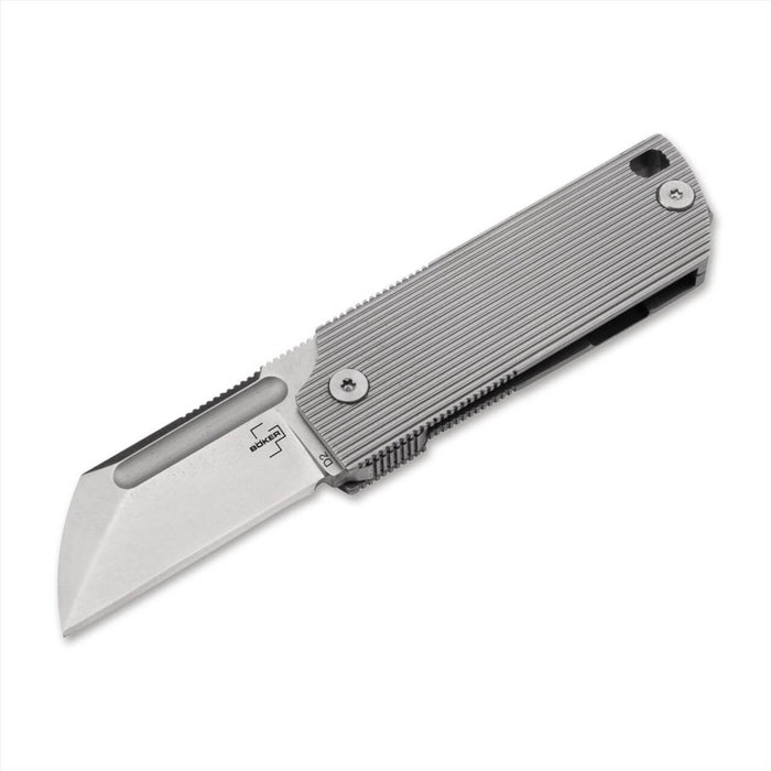 Boker Plus BabyX folding pocket knife with D2 stainless steel blade and gray textured handle, compact design