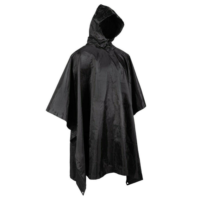 Cape poncho ripstop imperméable de style militaire noir avec capuche, conçue pour la protection extérieure et le camouflage.
