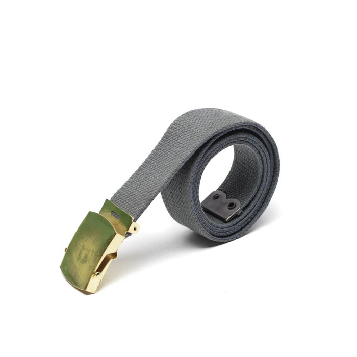 Cintura militare unisex in tela grigia con fibbia a scatola dorata, accessorio militare casual regolabile e durevole.