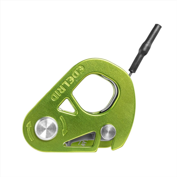 Lightweight green aluminum Edelrid SPOC climbing pulley with integrated cable for professional climbing and rescue use