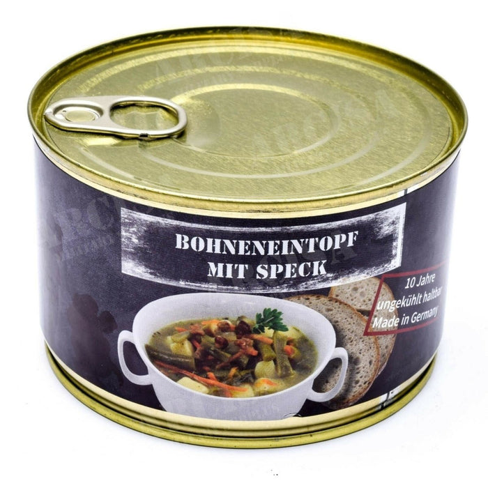 400g Dose deutscher Notration Bohneneintopf mit Speck, lange Haltbarkeit und energiereiche Überlebensnahrung.