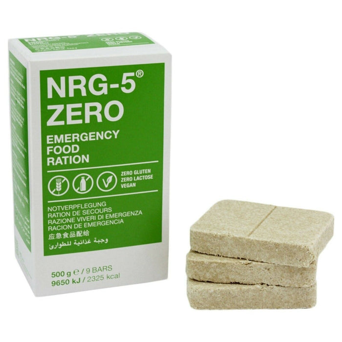 NRG-5 Zero Notfallrationspaket für vegane Lebensmittel mit neun glutenfreien Riegeln, 500 g Gesamtgewicht, kalorienreiche Überlebensnahrung.