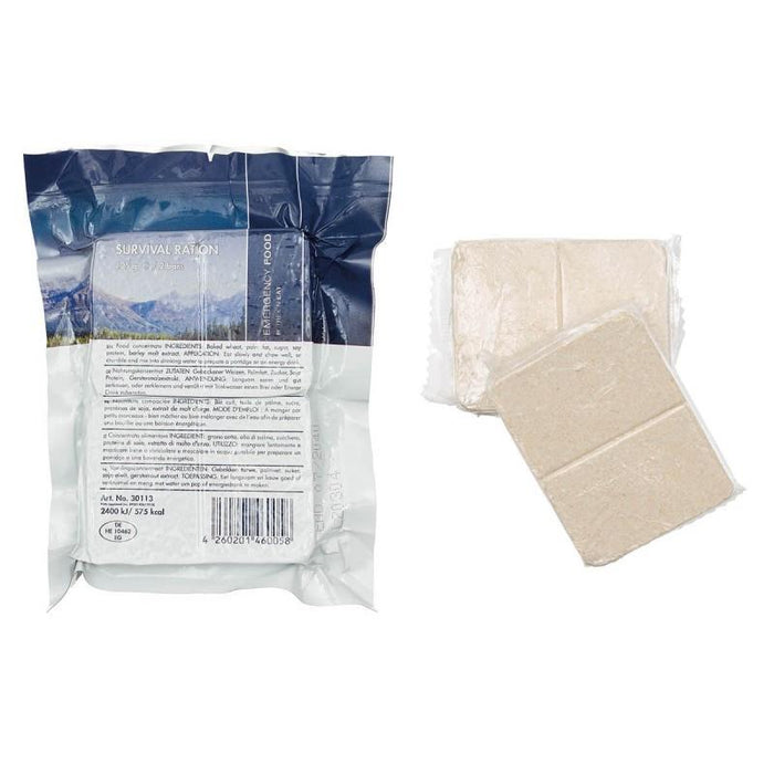 SURVIVOR Notration Survival Food Pack mit zwei kompakten, kalorienreichen 125g-Portionen für den Outdoor-Einsatz.