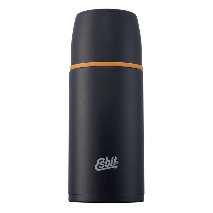 Schwarze ESBIT-Edelstahl-Isolierflasche 750 ml mit 12-stündiger Wärmespeicherung und zusätzlichem Becherverschluss zum Ausgießen.