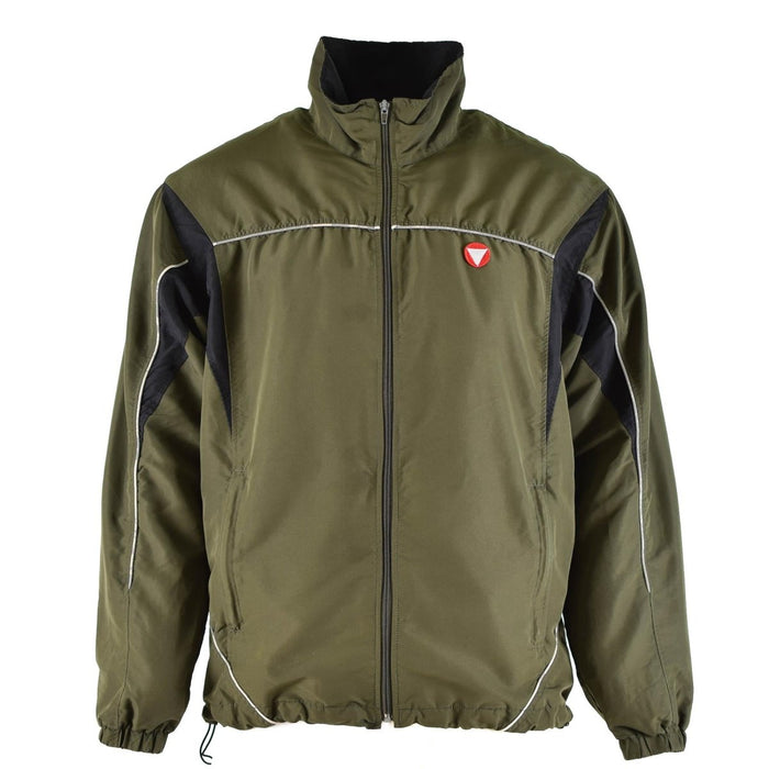 Echte olivgrüne Trainingsjacke der österreichischen Armee mit durchgehendem Reißverschluss, Stehkragen, elastischen Bündchen und Seitentaschen.