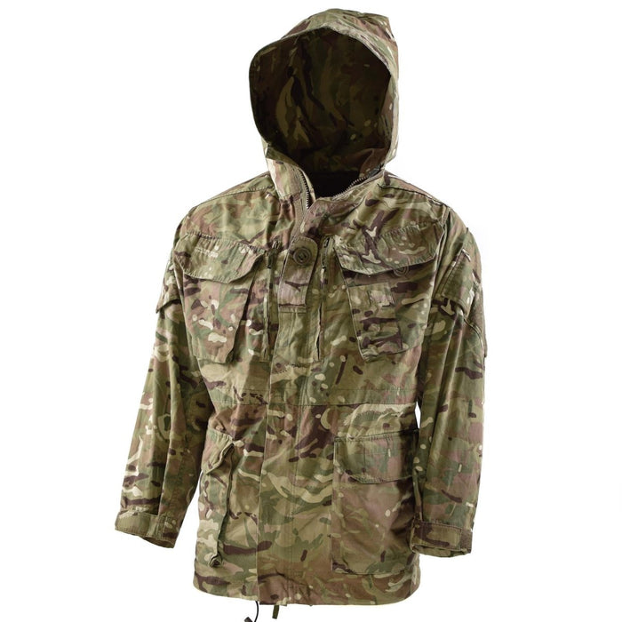 British Military MTP camouflage hooded parka jacket with adjustable waist, multiple front pockets, windproof, durable design