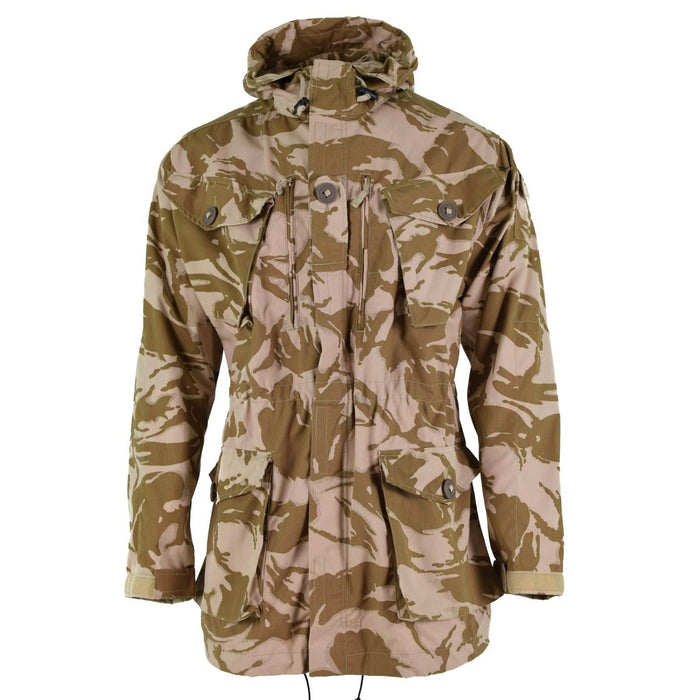 Véritable parka coupe-vent de l'armée britannique avec camouflage DPM désert, capuche, poches multiples, taille et poignets réglables.
