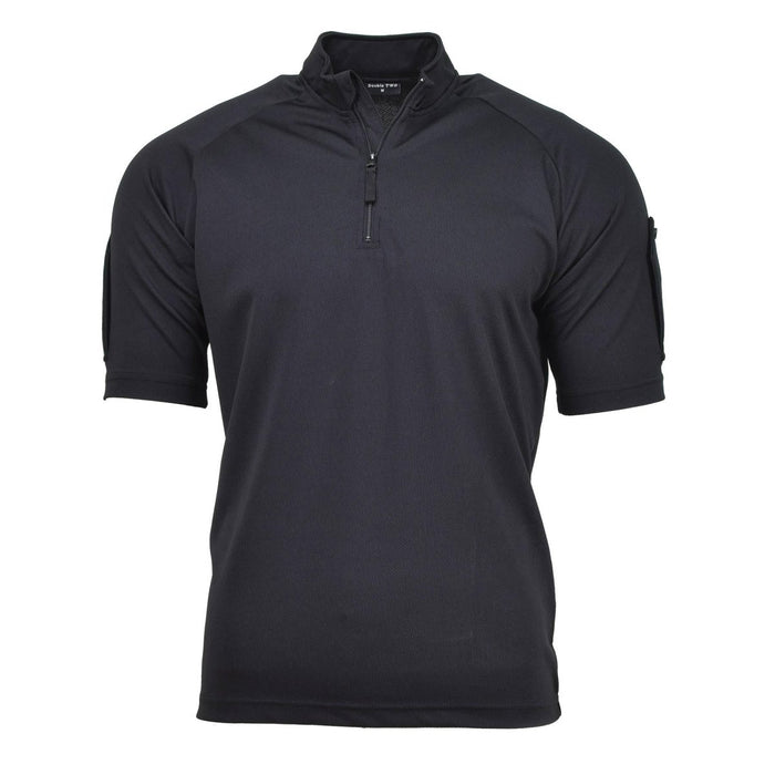 Schwarzes taktisches Poloshirt der britischen Polizei mit halbem Reißverschluss, atmungsaktivem Stretchmaterial und funktionellem Design.