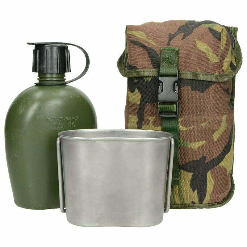 Echte Feldflasche der niederländischen Armee mit Beutel und Edelstahlbecher, Deckelkappe, DPM-Tarnung, MOLLE