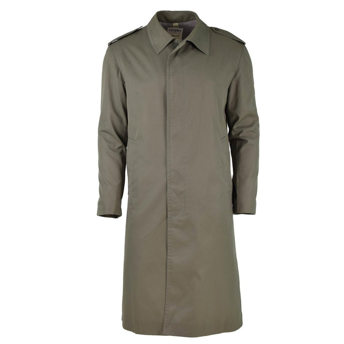 Vintage olivgrüner französischer wasserdichter Militär-Trenchcoat mit durchgehender Länge und Sturmklappenverschluss vorne
