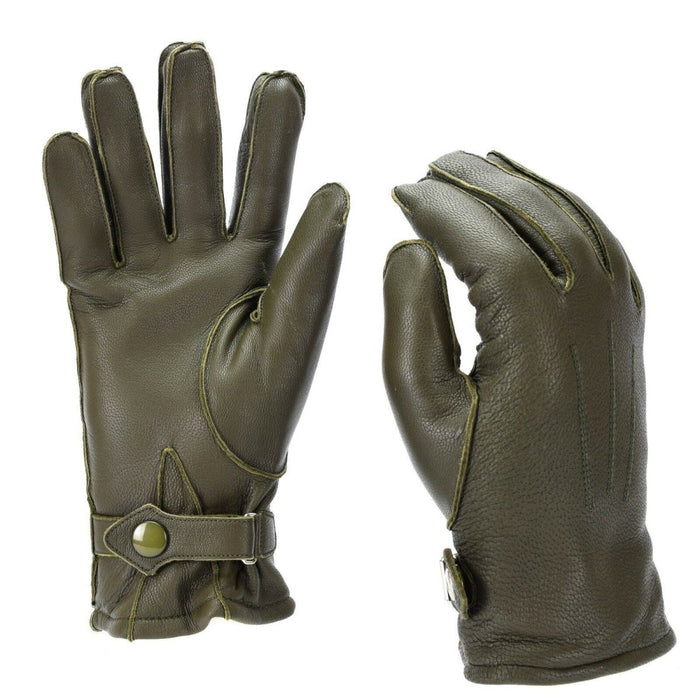 Guanti in vera pelle della polizia tedesca color oliva con fodera in lana e cinturino regolabile per calore invernale e durata.