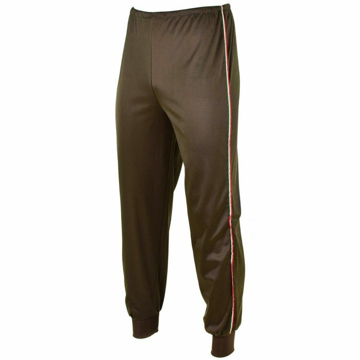 Pantaloni della tuta da allenamento vintage marrone dell'Esercito Italiano con banda laterale rossa, bianca e verde e polsini elastici