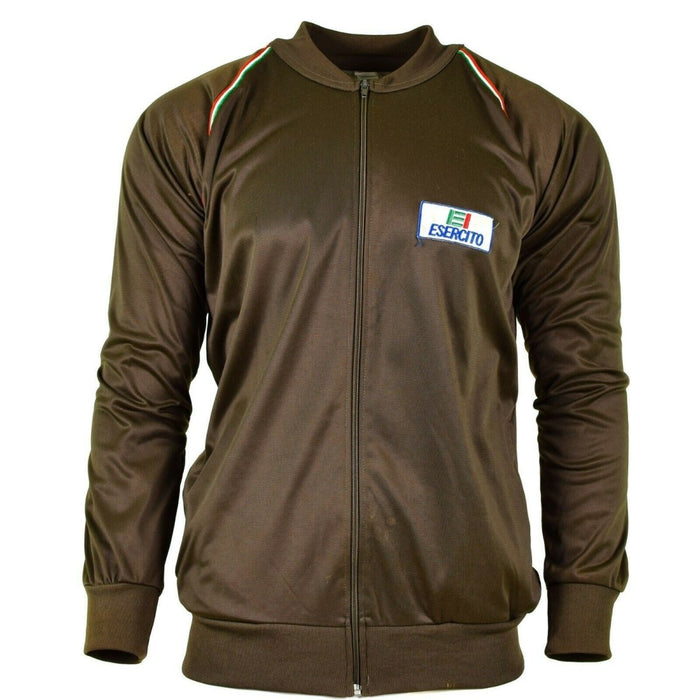 Giacca da allenamento marrone dell'autentico Esercito Italiano con zip intera, polsini elastici e toppa militare sul petto.