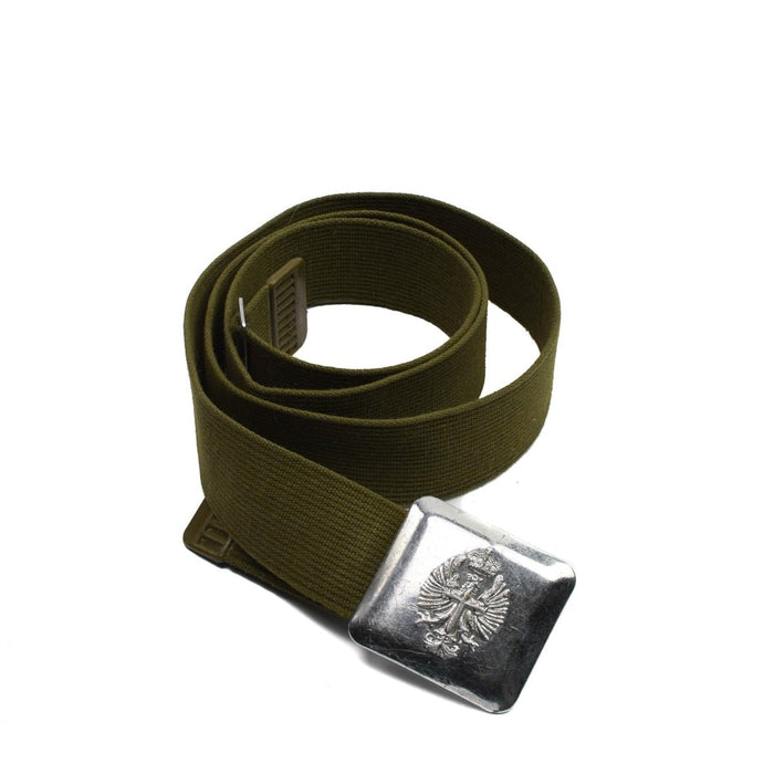 Cintura vintage dell'esercito spagnolo in tela con fibbia in metallo caratterizzata da un dettagliato emblema militare.