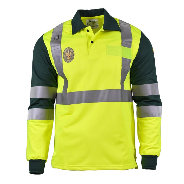 Véritable polo jaune à manches longues de la Garde civile espagnole avec bandes réfléchissantes pour une haute visibilité et sécurité.