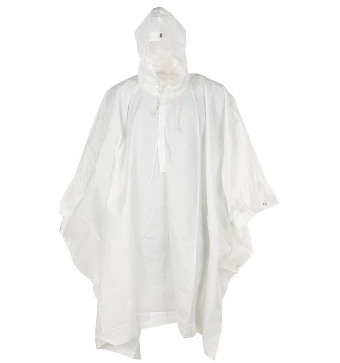 Véritable poncho camouflage d'hiver blanc de l'armée suisse avec capuche, matériau imperméable, fermetures à boutons et coupe réglable.