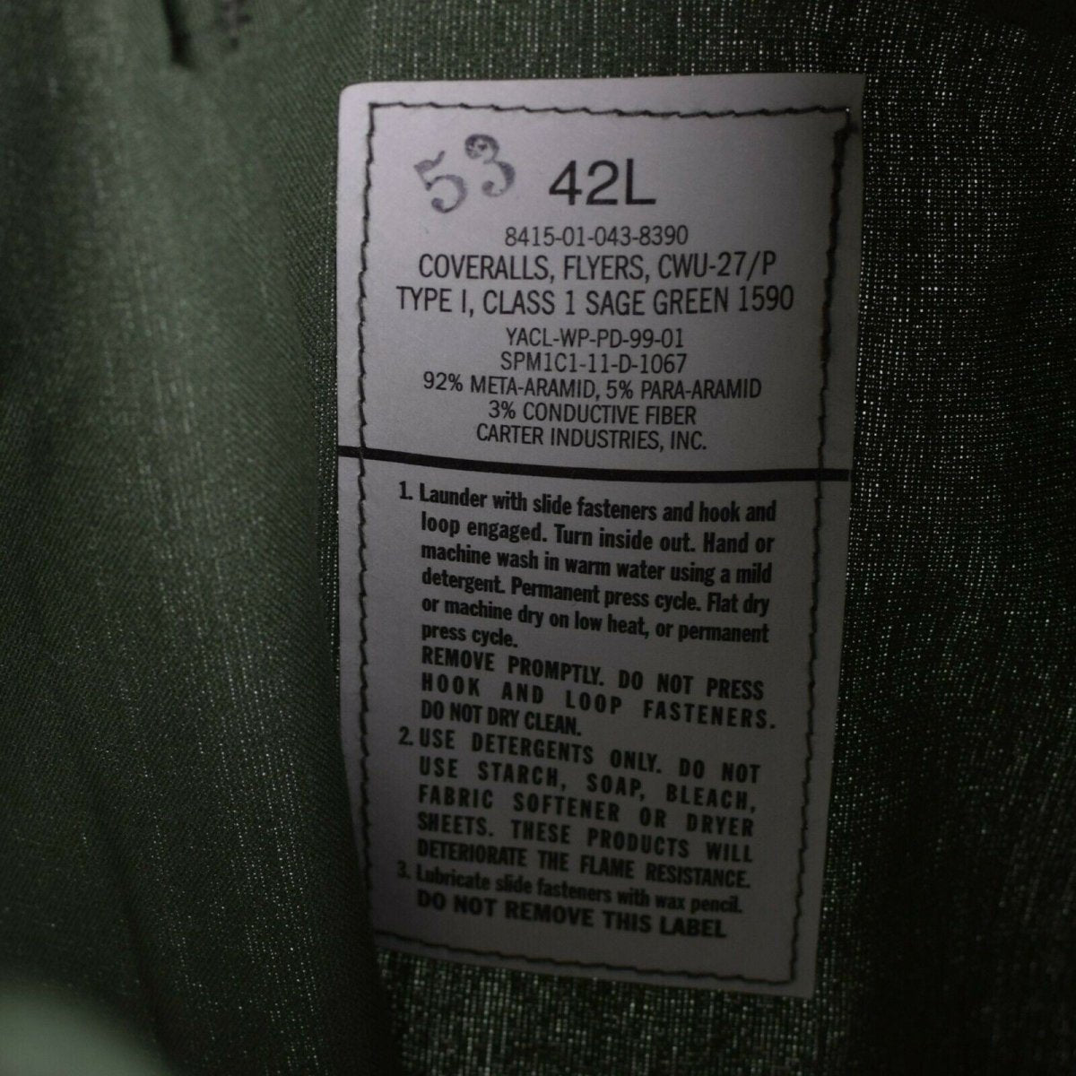 Tuta da volo autentica dell'esercito americano USAF CWU-27/P Tuta da volo verde nomex resistente al fuoco