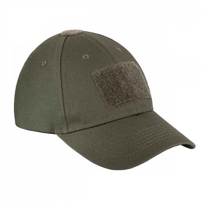 Casquette de baseball tactique vert militaire avec sangle réglable et patch sur le devant, légère et pliable pour une utilisation en extérieur.