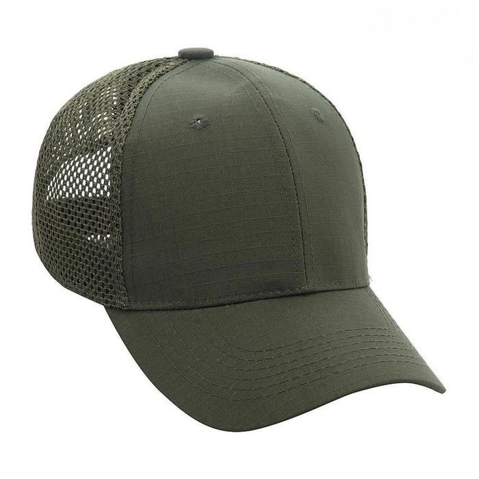 Olivgrüne Baseballkappe im Militärstil mit Netzrücken, verstellbarem Riemen und leichtem, strapazierfähigem Polycotton-Gewebe.