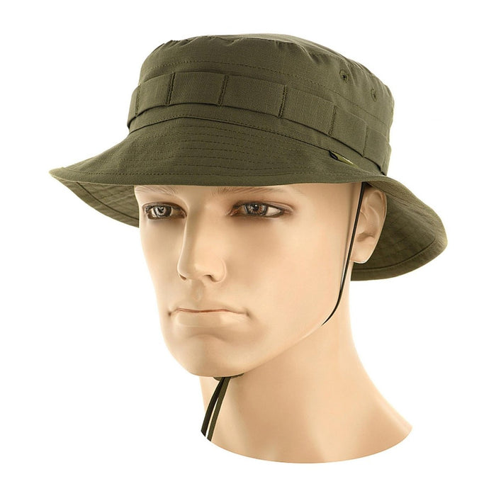 Chapeau boonie de style militaire M-TAC Olive avec mentonnière réglable et boucles de camouflage pour une utilisation tactique en extérieur.