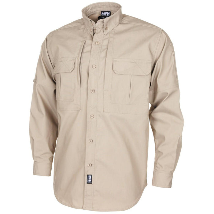 Camicia tattica kaki MFH in stile militare con tessuto ripstop, design leggero, chiusura con bottoni e tasche sul petto.
