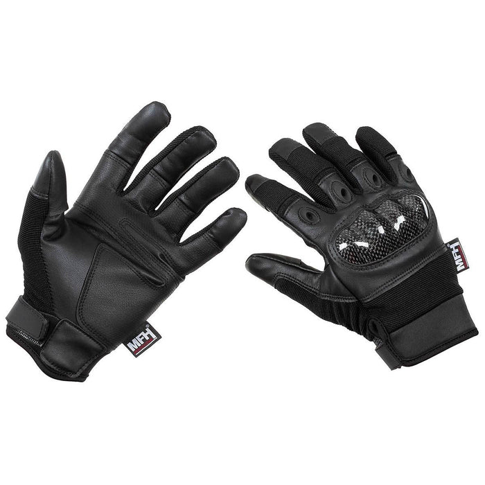 Schwarze taktische MFH-Handschuhe mit Knöchelschutz und verstellbaren Handgelenkschlaufen für das Schießen und den Einsatz im Freien