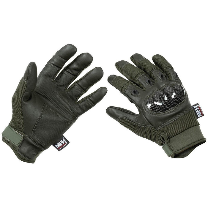 Militärische taktische MFH-Handschuhe in Olivgrün mit Carbon-Knöchelschutz und verstellbaren Handgelenkschlaufen, fingerloses Design.