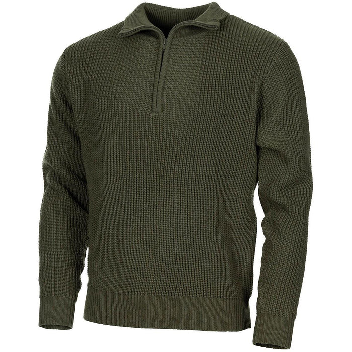 Pullover im Troyer-Stil von MFH Brand, Pullover mit Viertelreißverschluss, Rippstrickpullover in Olivgrün, NEU – GoMilitar