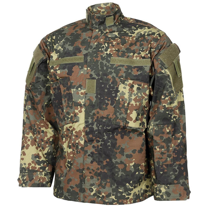 Jacke im US-Militärstil von MFH Brand aus Flecktarn-Camouflage-Ripstop mit mehreren Taschen und verstärkten Ellbogen