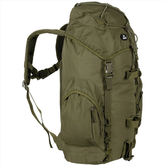 Zaino tattico MFH Recon III 35L verde oliva con schienale imbottito, spallacci regolabili e scomparti multipli per uso esterno