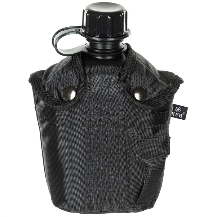 MFH U.S. Military Plastic Canteen 1L Screw Cap Clips Attachment BPA Free, Black color, Military Flasks - GoMilitar