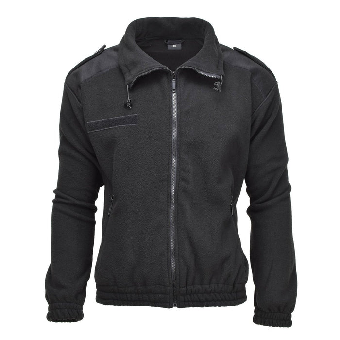 Veste pull en polaire noire de style militaire allemand MIL-TEC avec fermeture éclair complète, épaules renforcées et poignets élastiques pour temps froid.