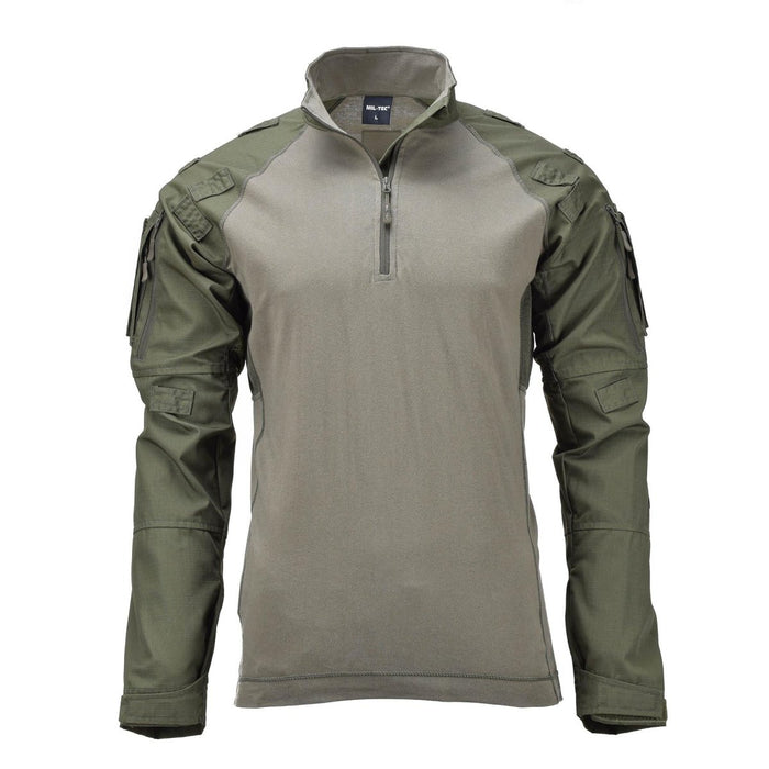 Chemise de combat tactique de style militaire vert olive Mil-Tec avec col zippé et manches renforcées