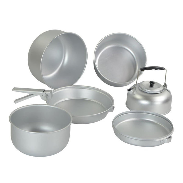 Batterie de cuisine de camping légère en aluminium MIL-TEC avec casseroles, poêle et bouilloire pour la cuisine en plein air et l'eau bouillante.