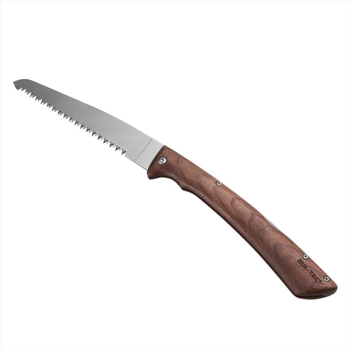 MIL-TEC kompakte Klappsäge mit 19 cm langem 420-Edelstahlblatt und ergonomischem Walnussgriff für Camping und Outdoor-Einsatz