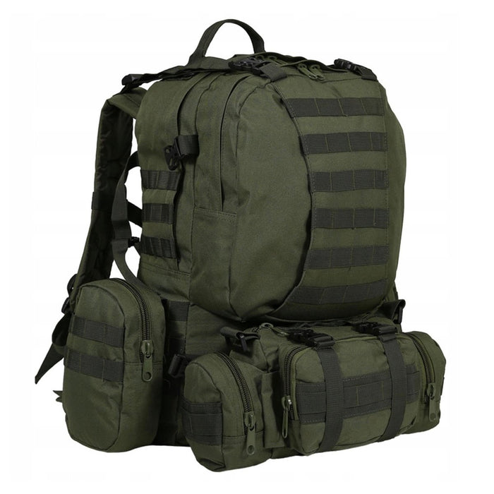 Zaino tattico verde oliva in stile militare con molteplici tasche staccabili e fettuccia MOLLE per un versatile uso all'aperto