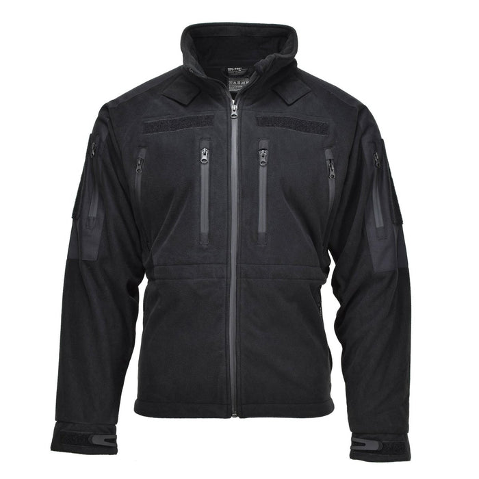 Veste polaire noire MIL-TEC pour temps froid avec fermeture éclair complète, plusieurs poches et tissu thermique résistant à l'eau.