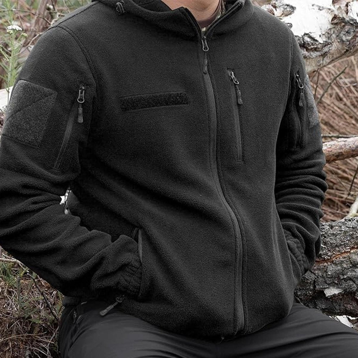 MIL-TEC GEN II Fleecejacke Warm Verstärkte Ellbogen Kapuze Brusttasche Schwarz