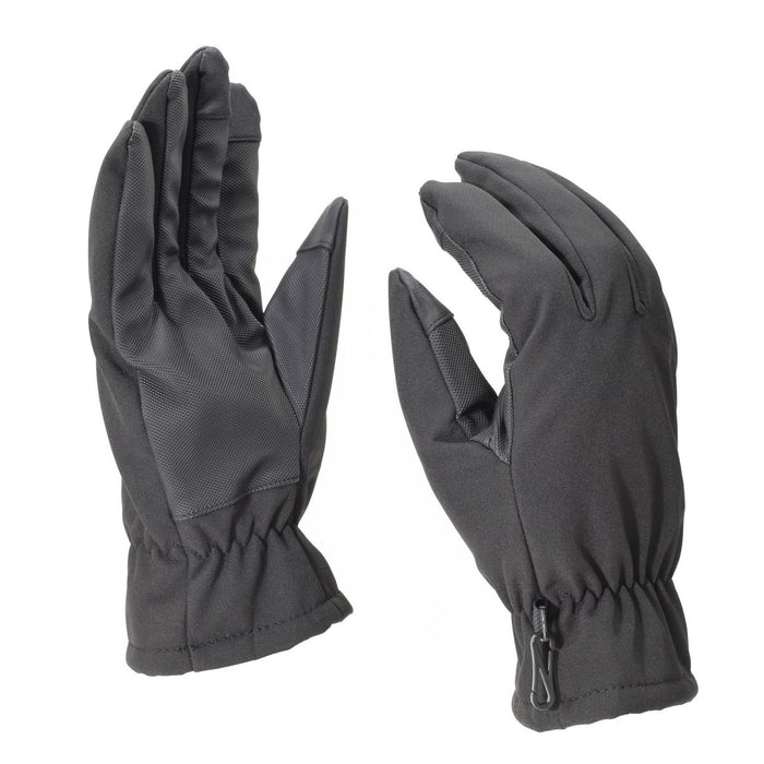 Schwarze Mil-Tec Softshell-Winterhandschuhe mit 3M Thinsulate-Futter, elastischem Handgelenk und rutschfestem Griff für kaltes Wetter.