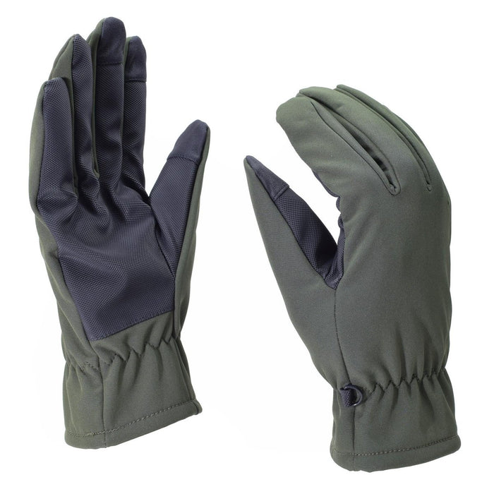 Olivgrüne Mil-Tec-Softshell-Handschuhe mit Thinsulate-Futter, verstärkten Handflächen und rutschfestem Griff für den Wintereinsatz.