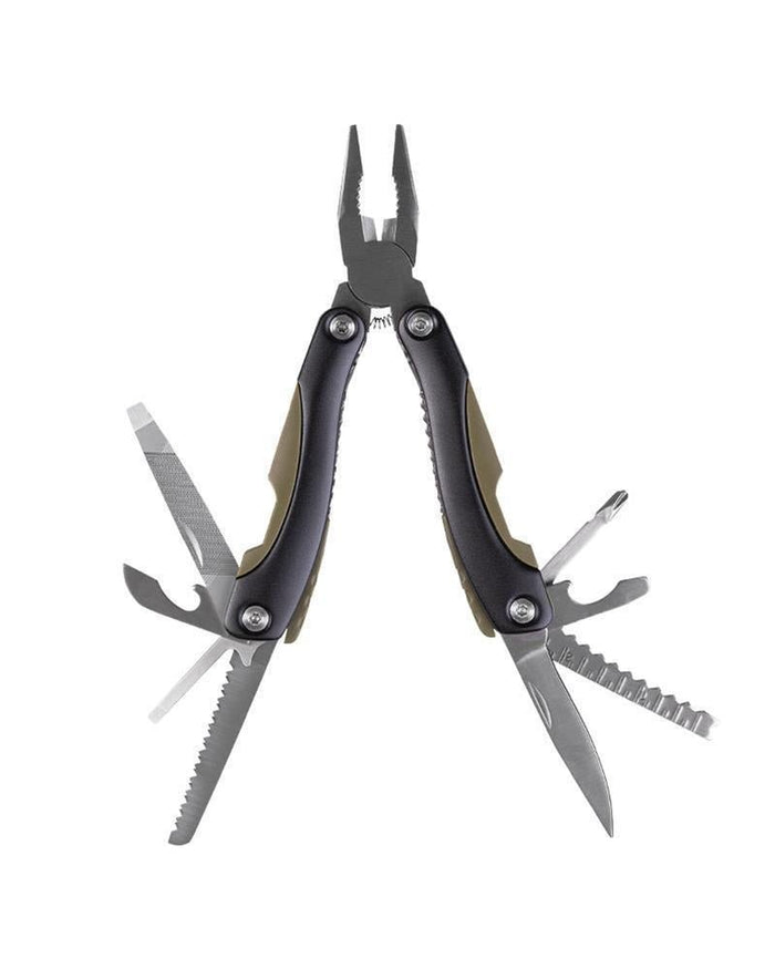 Multiutensile MIL-TEC con giunto scorrevole, chiusura con una sola mano, impugnature in alluminio ABS e molteplici strumenti pieghevoli in colore nero e oliva