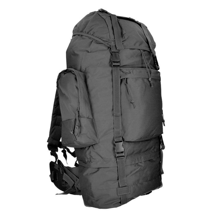 Zaino tattico MIL-TEC RANGER nero con scomparti multipli, spallacci imbottiti e fettuccia MOLLE per l'escursionismo e il campeggio.